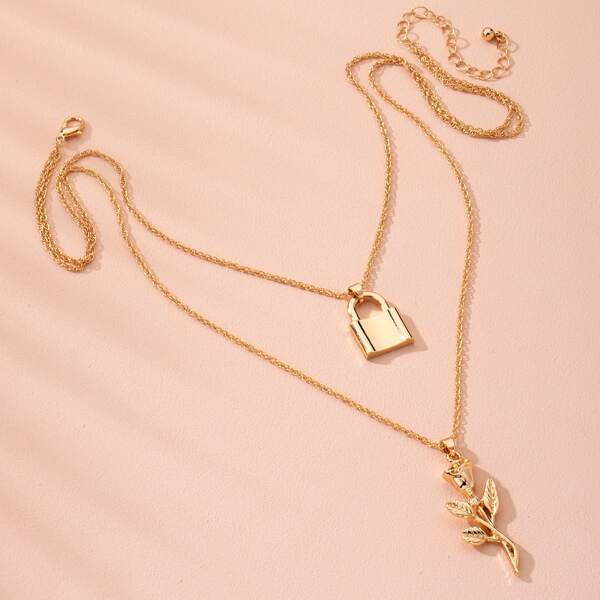 

Rose Lock Layered Necklace, Gold