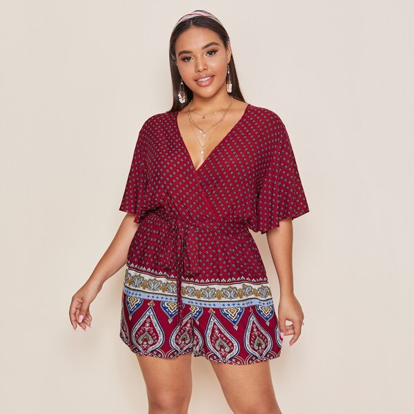 

Plus Tribal Print Belted Romper, Maroon
