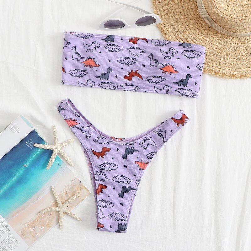 

Cartoon Dinosaur Bandeau Thong Bikini Swimsuit, Purple
