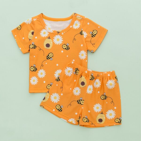 

Toddler Girls Daisy Floral And Bee Print Pajama Set, Orange