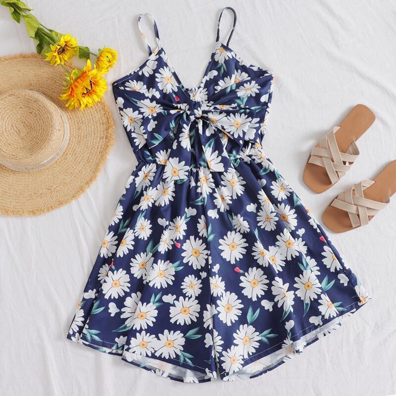 

Daisy Floral Knot Cami Romper, Multicolor