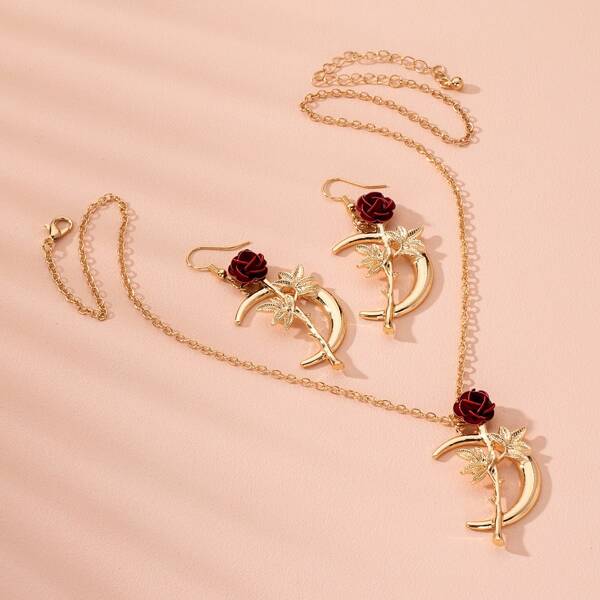 

3pcs Flower Moon Decor Jewelry Set, Gold