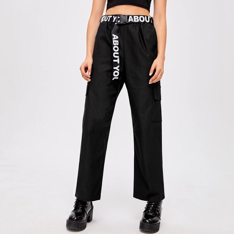 

Black Cargo Pants With Letter Belt