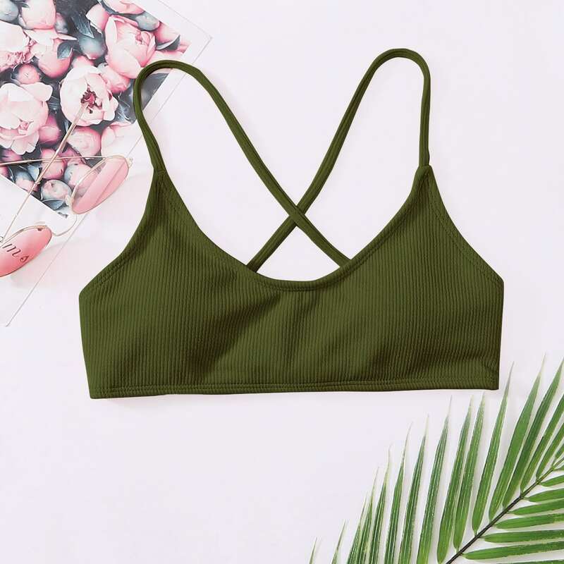 

Ribbed Lace-up Back Bikini Top, Army green