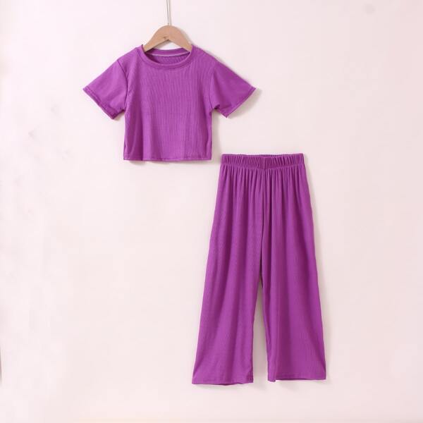 

Girls Solid Tee & Wide Leg Pants, Purple