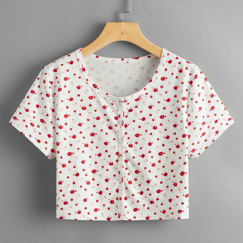 

Ditsy Floral Button Up Crop Tee, Multicolor