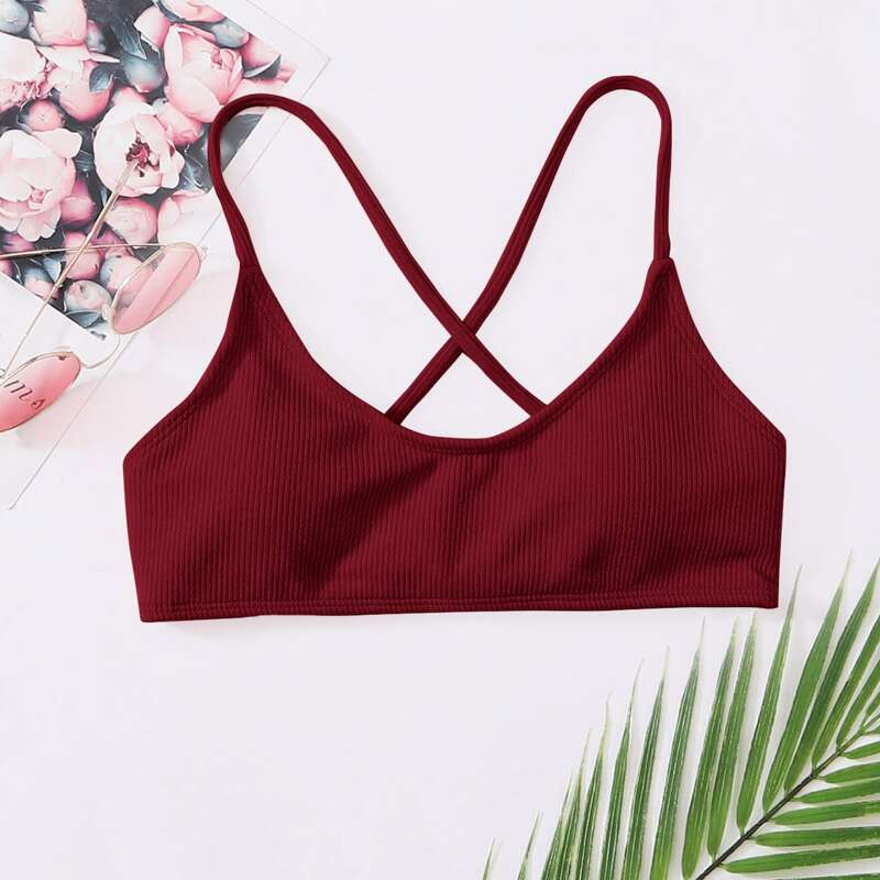

Ribbed Lace-up Back Bikini Top, Burgundy