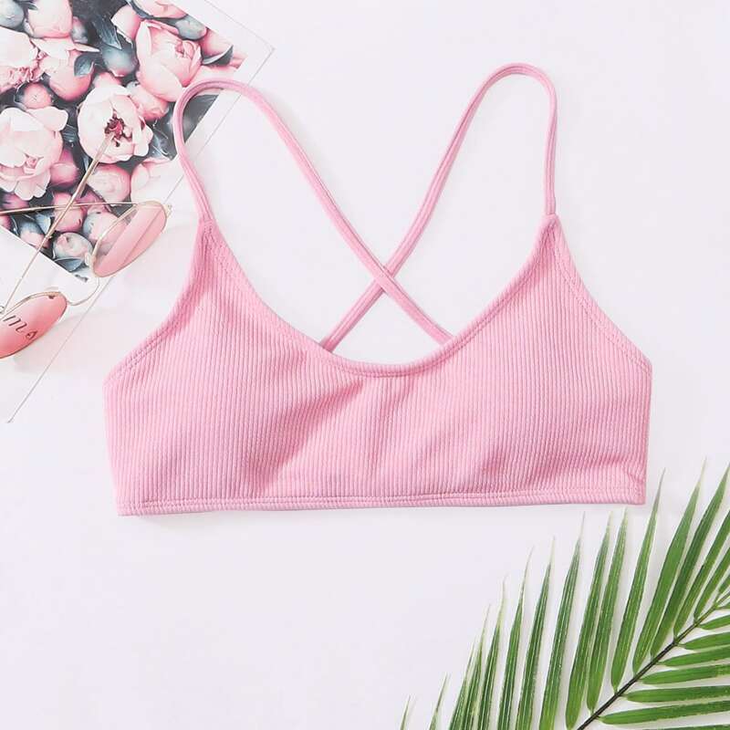 

Ribbed Lace-up Back Bikini Top, Pastel baby pink