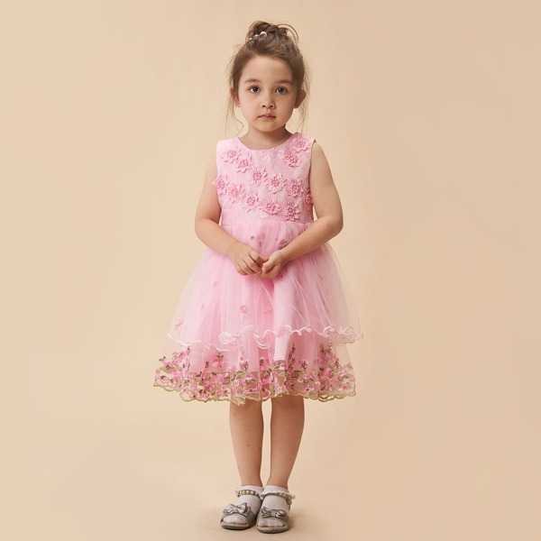 

Toddler Girls Beaded Floral Embroidered Mesh Party Dress, Pastel baby pink
