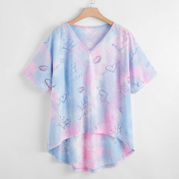 

Plus High Low Hem Letter & Heart Tie Dye Tee, Multicolor