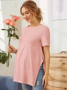 SHEIN Maternidad camiseta larga unicolor bajo con abertura - Rosa Pálido - Ver 1