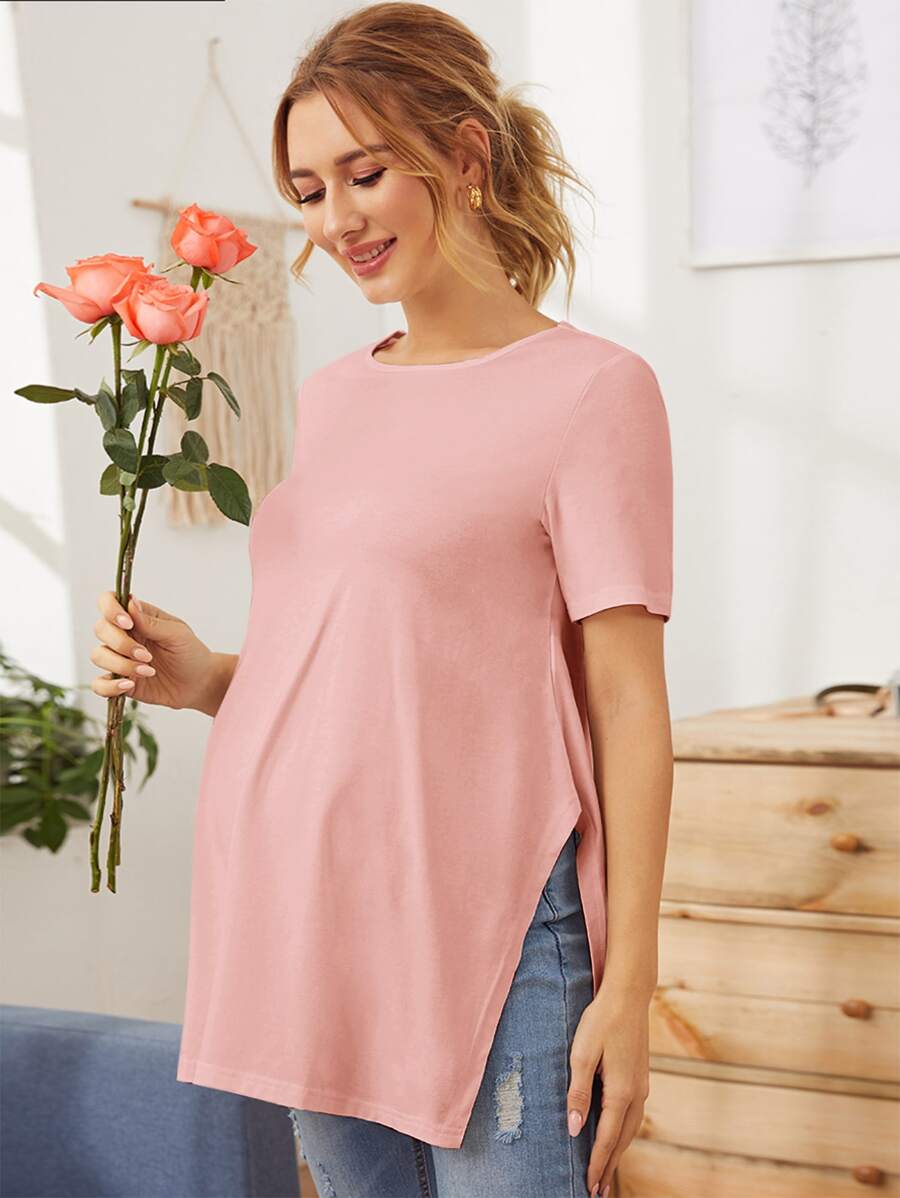 SHEIN Maternidad camiseta larga unicolor bajo con abertura - Rosa Pálido - Ver 1