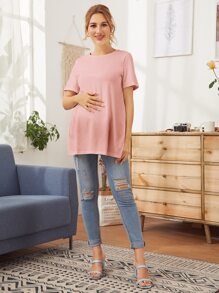 SHEIN Maternidad camiseta larga unicolor bajo con abertura - Rosa Pálido - Ver 3