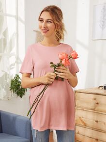 SHEIN Maternidad camiseta larga unicolor bajo con abertura - Rosa Pálido - Ver 4