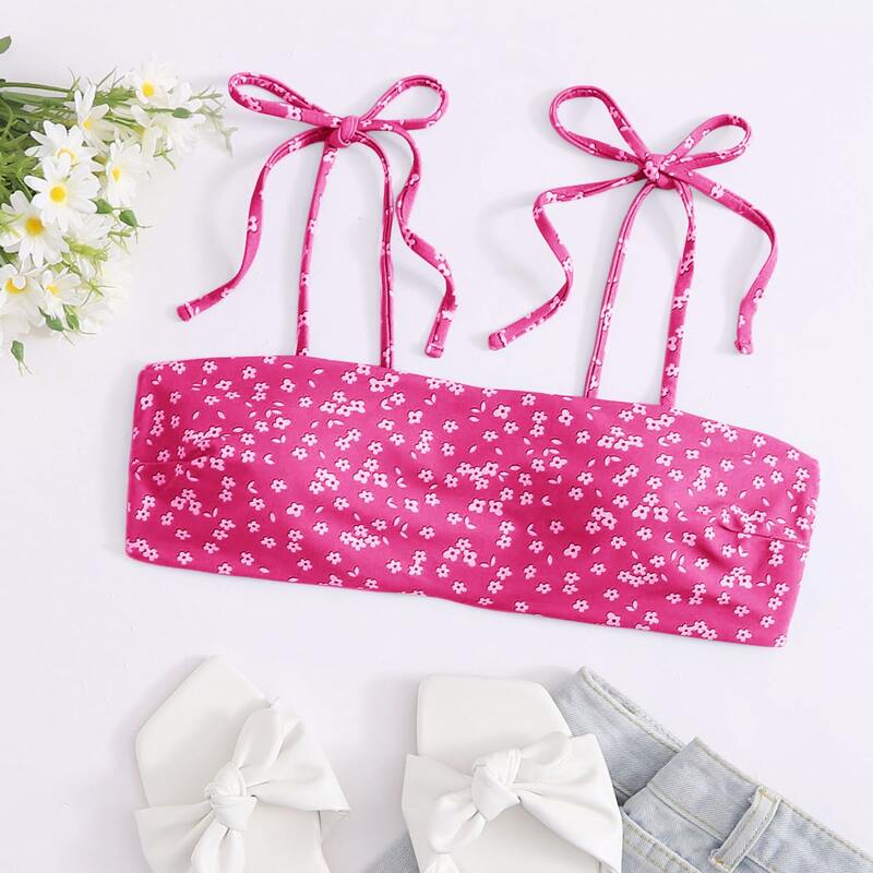 

Ditsy Floral Tie Strap Bikini Top, Pink