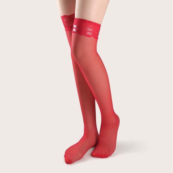 

Contrast Lace Trim Over The Knee Mesh Socks, Red