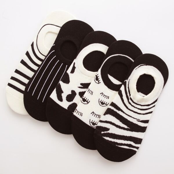 

5pairs Two Tone Socks, Black
