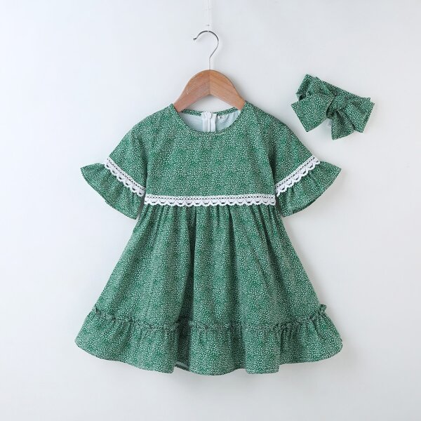 

Toddler Girls Contrast Lace All Over Pint Dress With Headband, Green