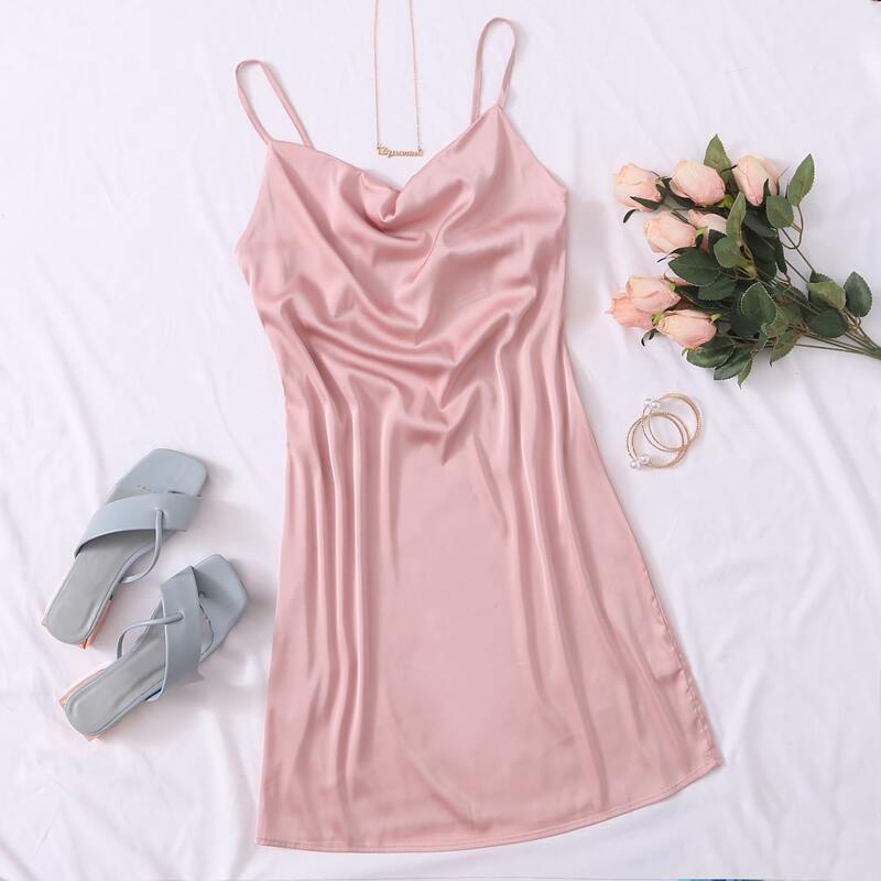 

Solid Satin Spaghetti Strap Dress, Baby pink