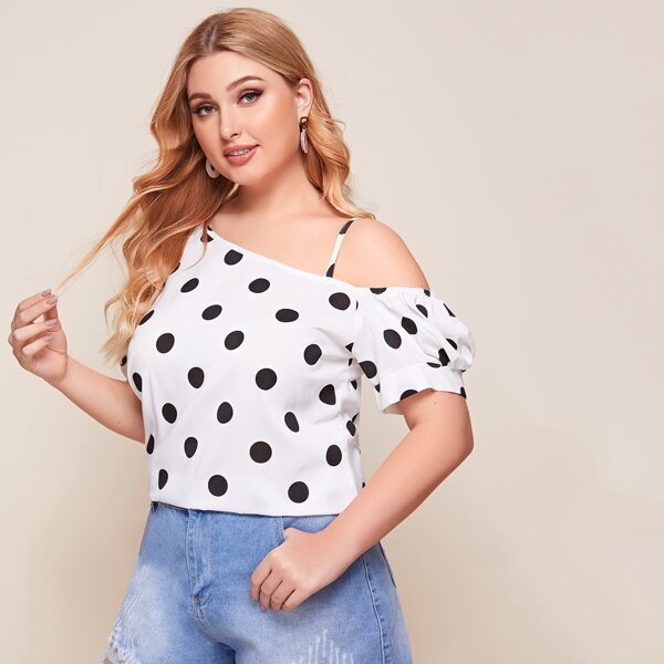 

Plus Polka Dot Asymmetrical Neck Blouse, White