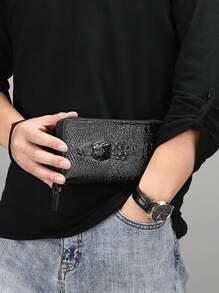 Men Crocodile Embossed Purse With Wristlet - Black - View 7