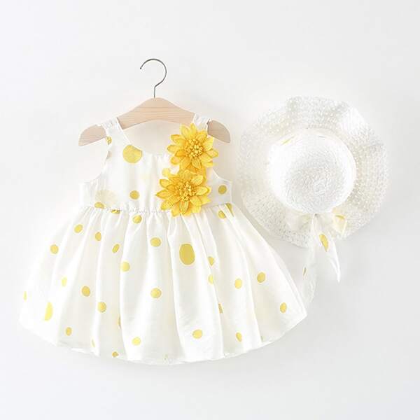 

Toddler Girls Appliques Polka Dot Smock Dress & Hat, White