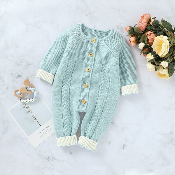 

Baby Boy Button Front Contrast Cuff Sweater Jumpsuit, Mint blue