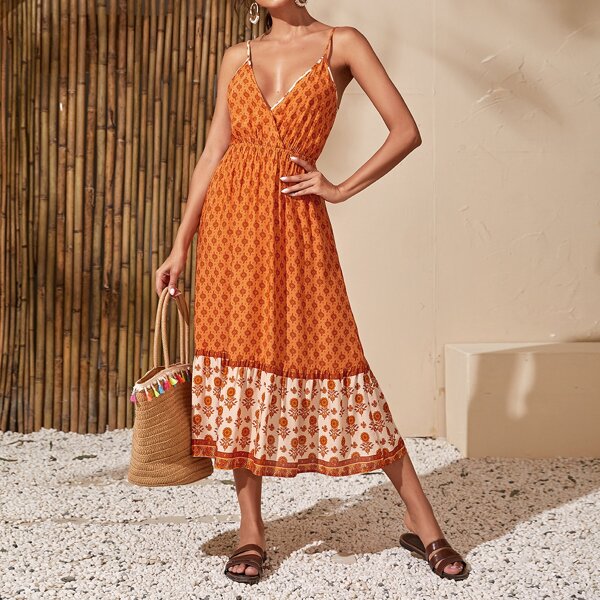 

Утомленный Оранжевый Низ-оборка Цветочный принт Бохо Платья