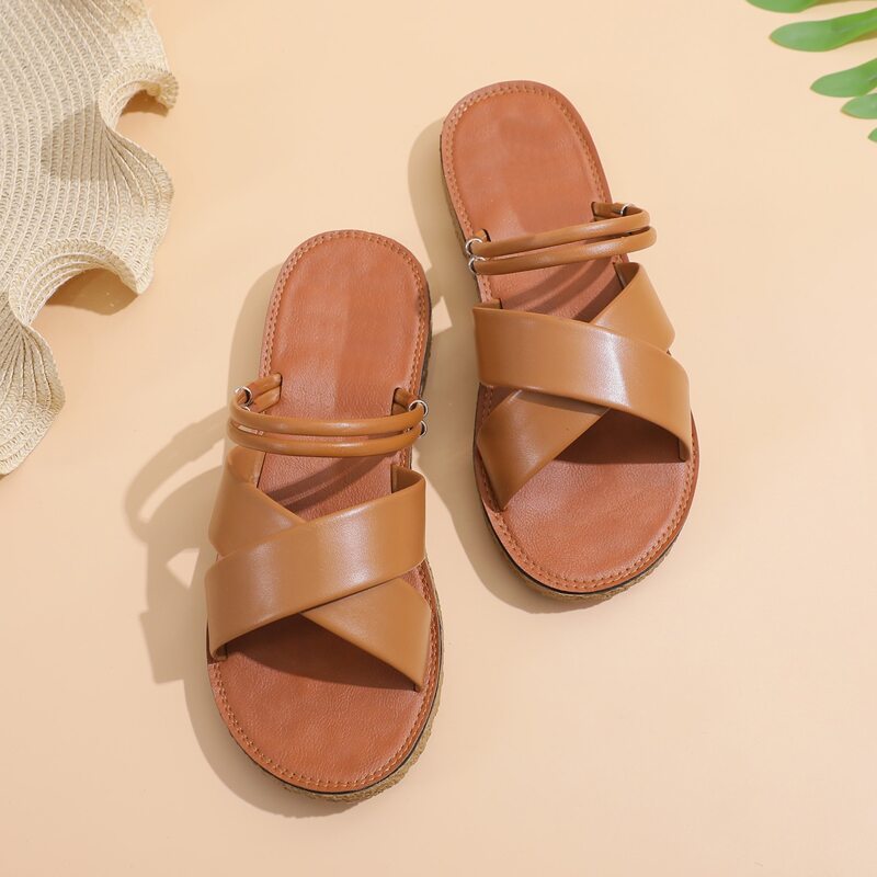 

Open Toe Cross Band Slide Sandals, Brown