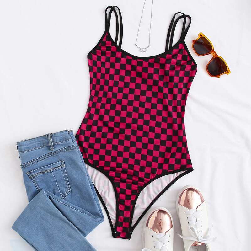 

Double Strap Checkered Cami Bodysuit, Multicolor