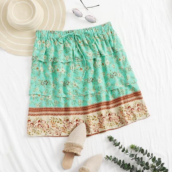 

Plus Floral Print Tie Front Layered Skirt, Mint green