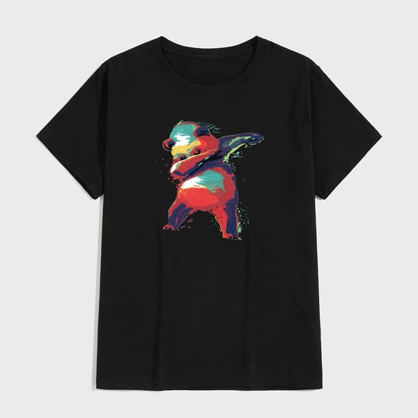 

Men Cartoon Panda Print Crew Neck Tee, Black