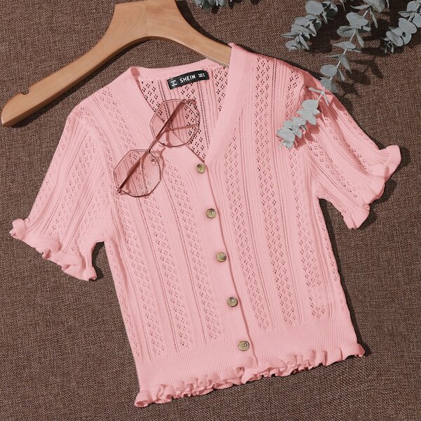 

Button Front Frill Trim Pointelle Knit Cardigan, Baby pink