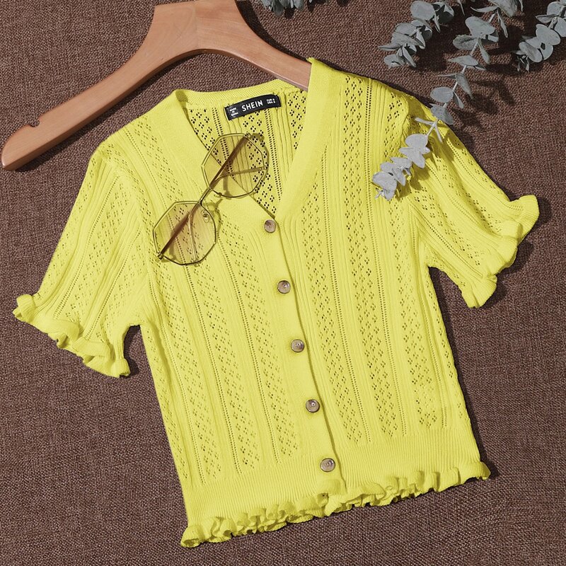 

Button Front Frill Trim Pointelle Knit Cardigan, Yellow