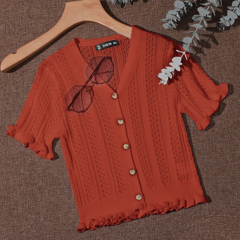 

Button Front Frill Trim Pointelle Knit Cardigan, Burnt orange