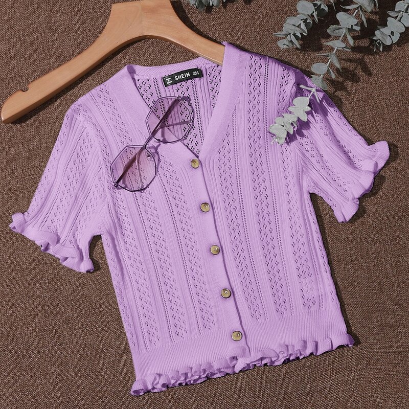 

Button Front Frill Trim Pointelle Knit Cardigan, Lilac purple