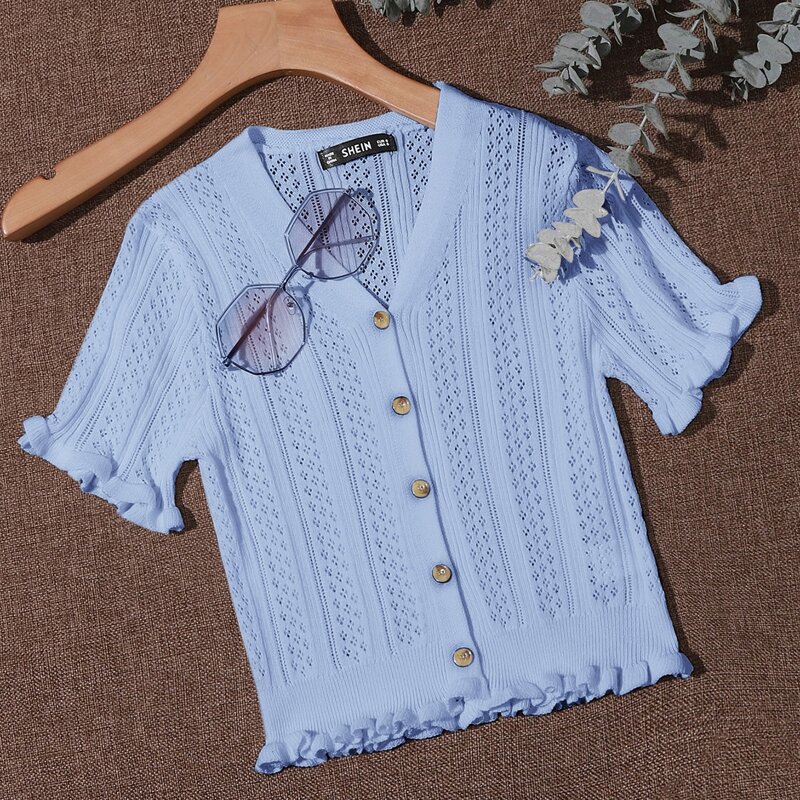 

Button Front Frill Trim Pointelle Knit Cardigan, Pastel baby blue