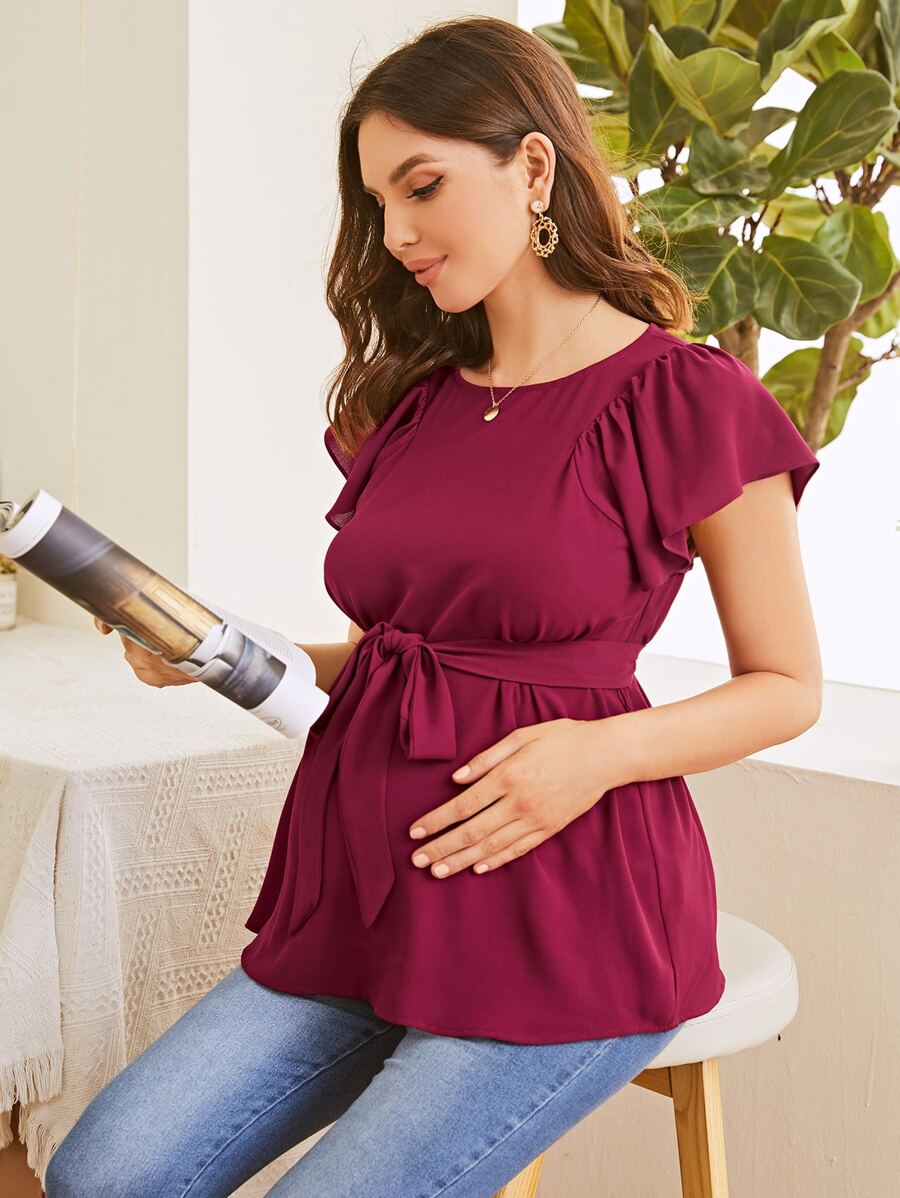SHEIN Maternity Butterfly Sleeve Belted Top - Rose Red - View 1