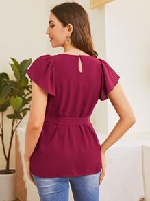 SHEIN Maternity Butterfly Sleeve Belted Top - Rose Red - View 2