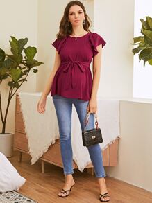 SHEIN Maternity Butterfly Sleeve Belted Top - Rose Red - View 3