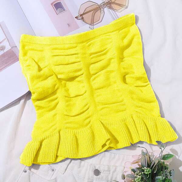 

Ruched Bust Flounce Hem Tube Knit Top, Yellow bright