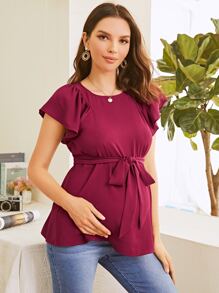 SHEIN Maternity Butterfly Sleeve Belted Top - Rose Red - View 5