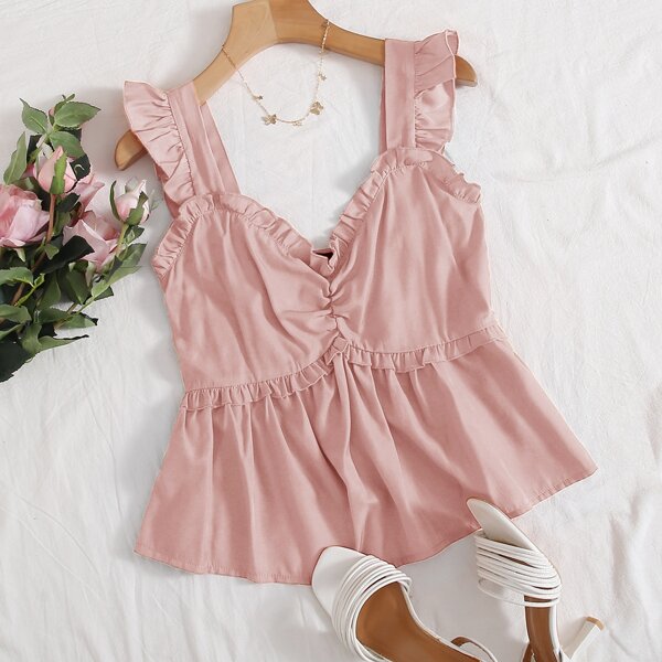 

Ruffle Trim Ruched Detail Peplum Top, Pastel baby pink