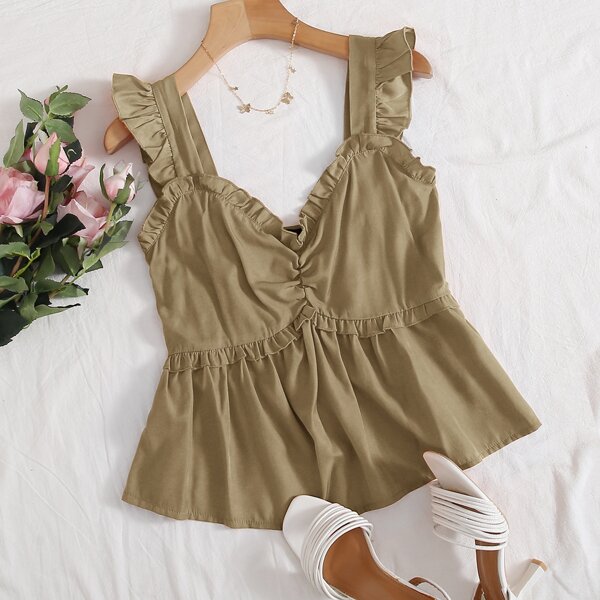 

Ruffle Trim Ruched Bust Peplum Top, Khaki
