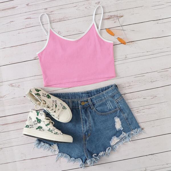 

Contrast Binding Cut-out Back Cami Crop Top, Pink
