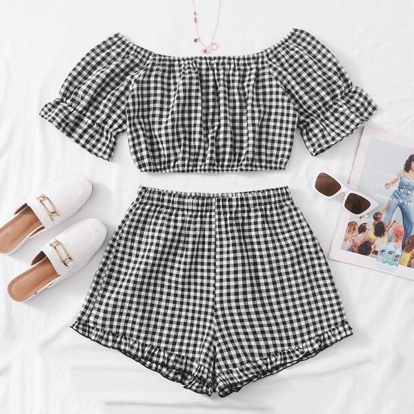 

Ruffle Trim Buffalo Plaid Top and Shorts Set, Black and white