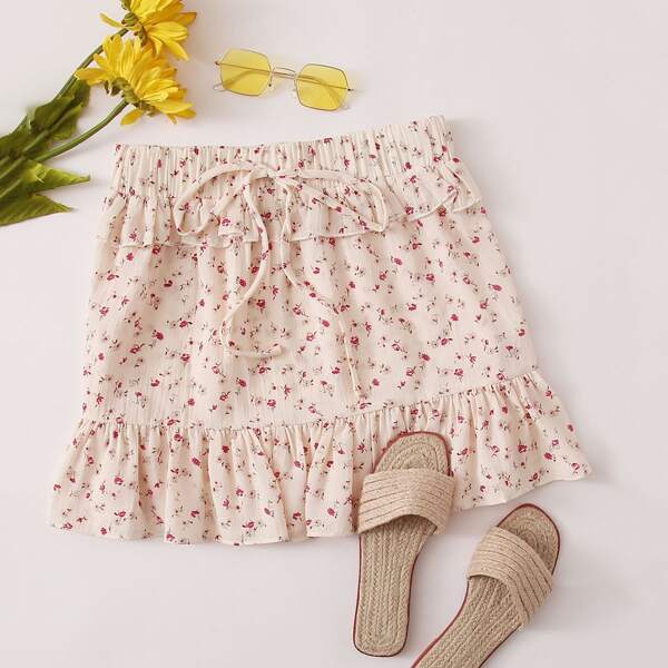 

Plus Ditsy Floral Tie Front Ruffle Skirt, Beige
