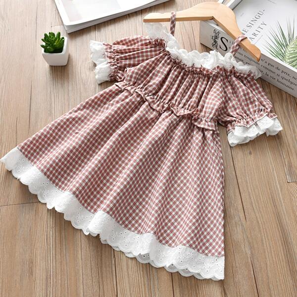 

Toddler Girls Contrast Schiffy Cold Shoulder Gingham Dress, Dusty pink