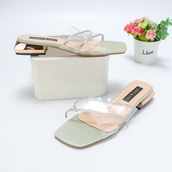 

Rhinestone Detail Clear Strap Heeled Sandal Mules, Mint green