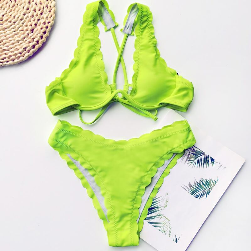 

Neon Lime Scallop Trim Underwire Bikini Swimsuit, Neon lime green